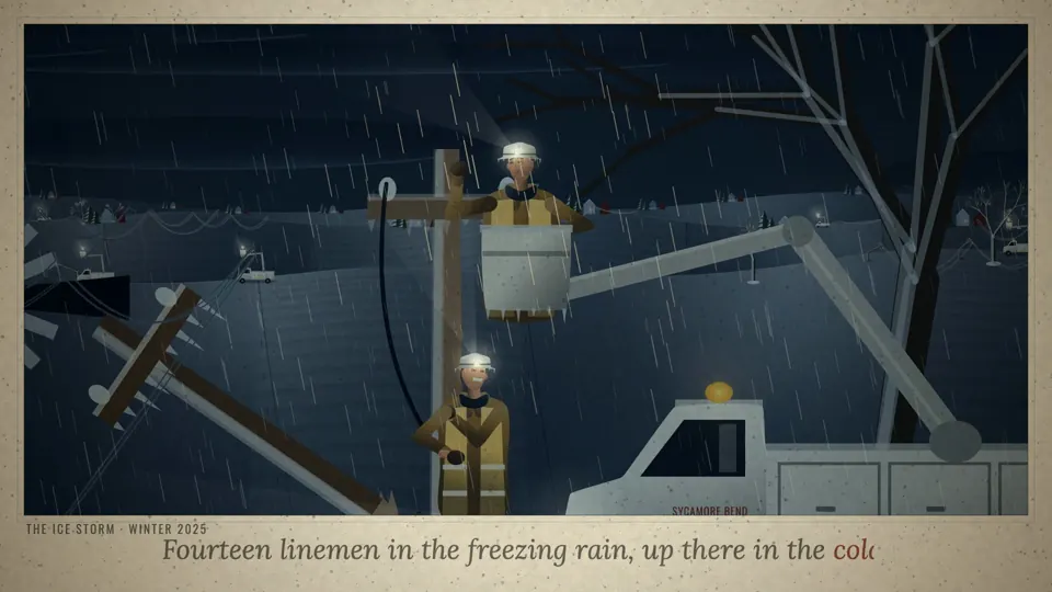 Linemen working on a pole in freezing rain at night