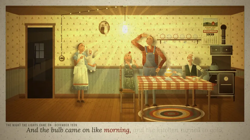 A farm kitchen turning gold as the first bulb comes on