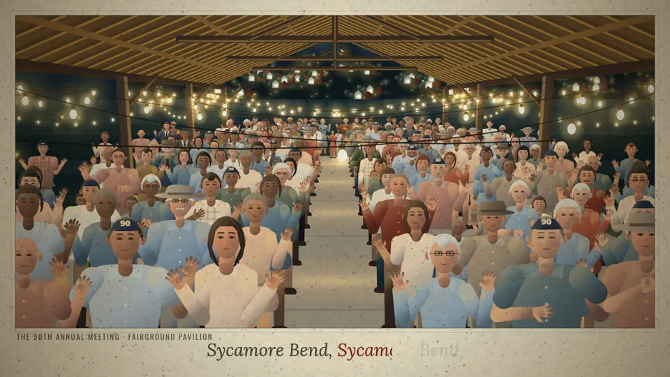 Members in a fairground pavilion under strings of bulbs, singing with their hands up