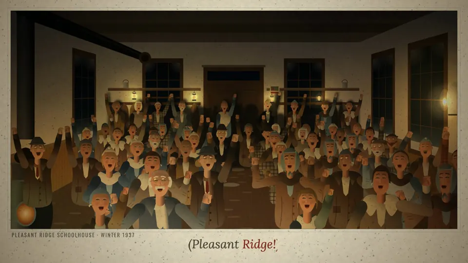 A packed schoolhouse at night, farmers cheering with their fists up