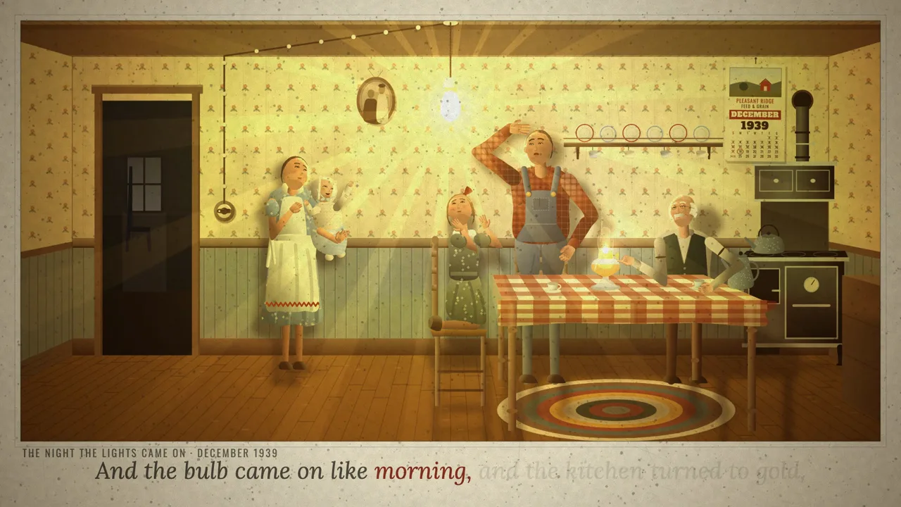 A painted farm kitchen in December 1939: a family looks up as their first electric bulb comes on