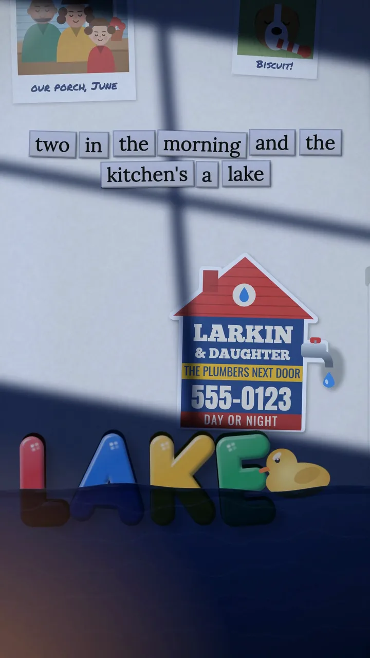 Alphabet magnets spelling LAKE under a plumber's house-shaped magnet