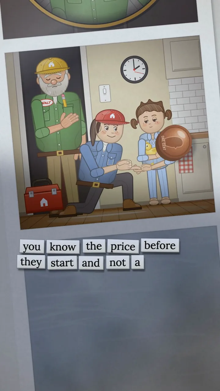 A snapshot of the plumbers fixing a leak, word magnets below