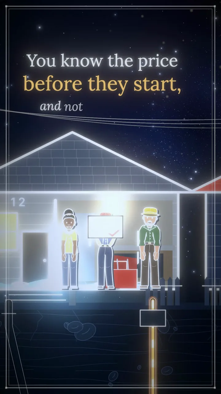 Plumbers in a lit room opened up from a house at night