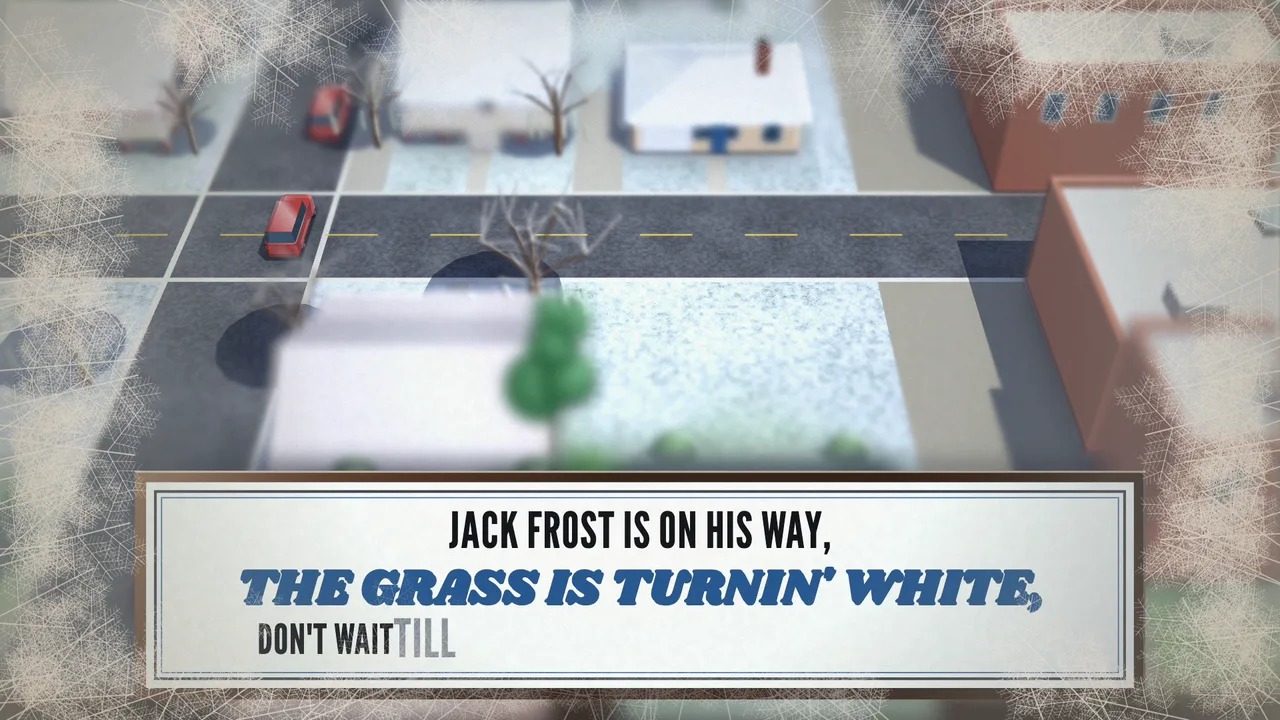 A frosted model town seen from above, a card reading JACK FROST IS ON HIS WAY