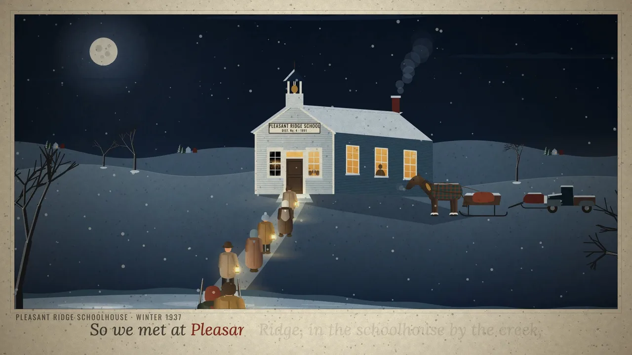 A one-room schoolhouse at night, lanterns along the path