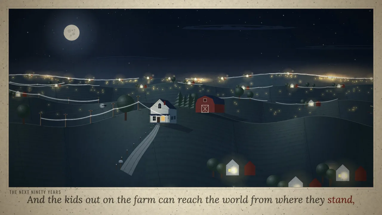 A county at night, its farms strung with lights