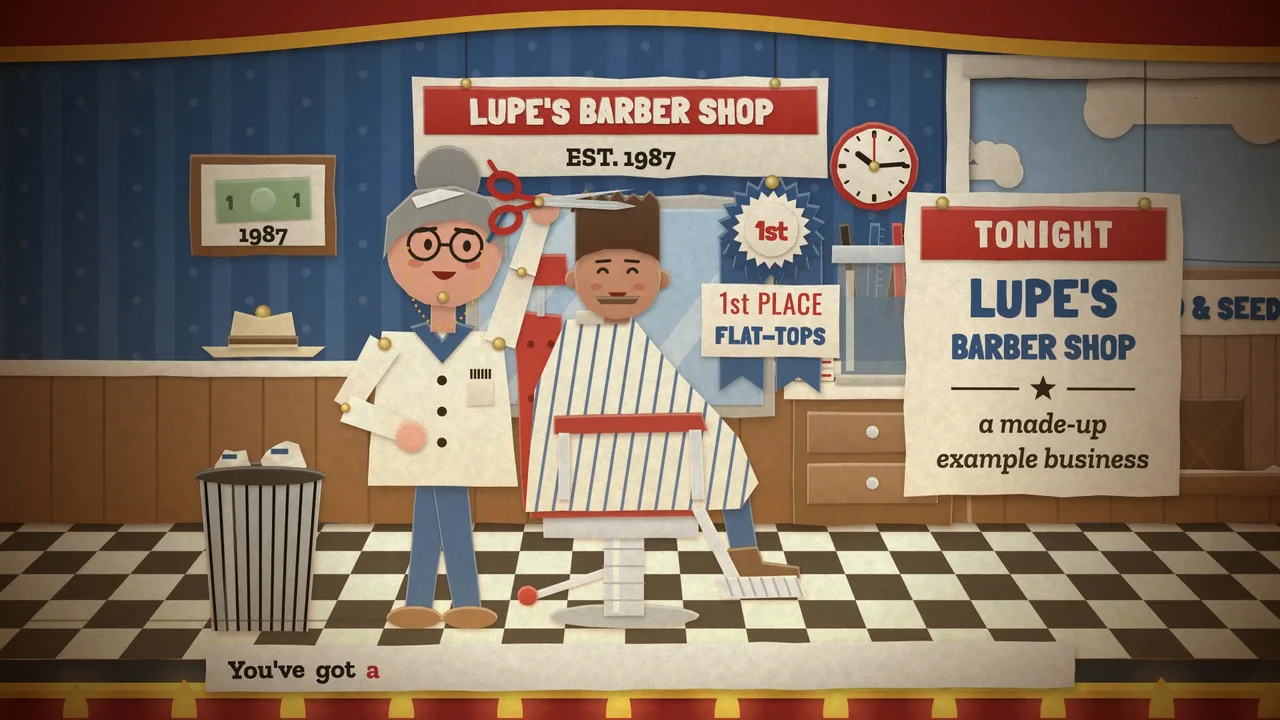 A paper barber cutting a customer's hair in Lupe's Barber Shop