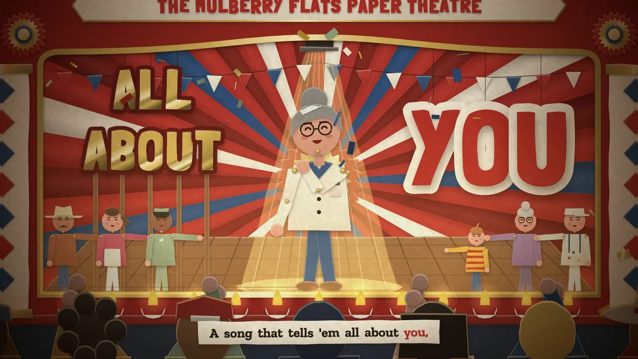 A paper puppet in a spotlight between the words ALL ABOUT and YOU