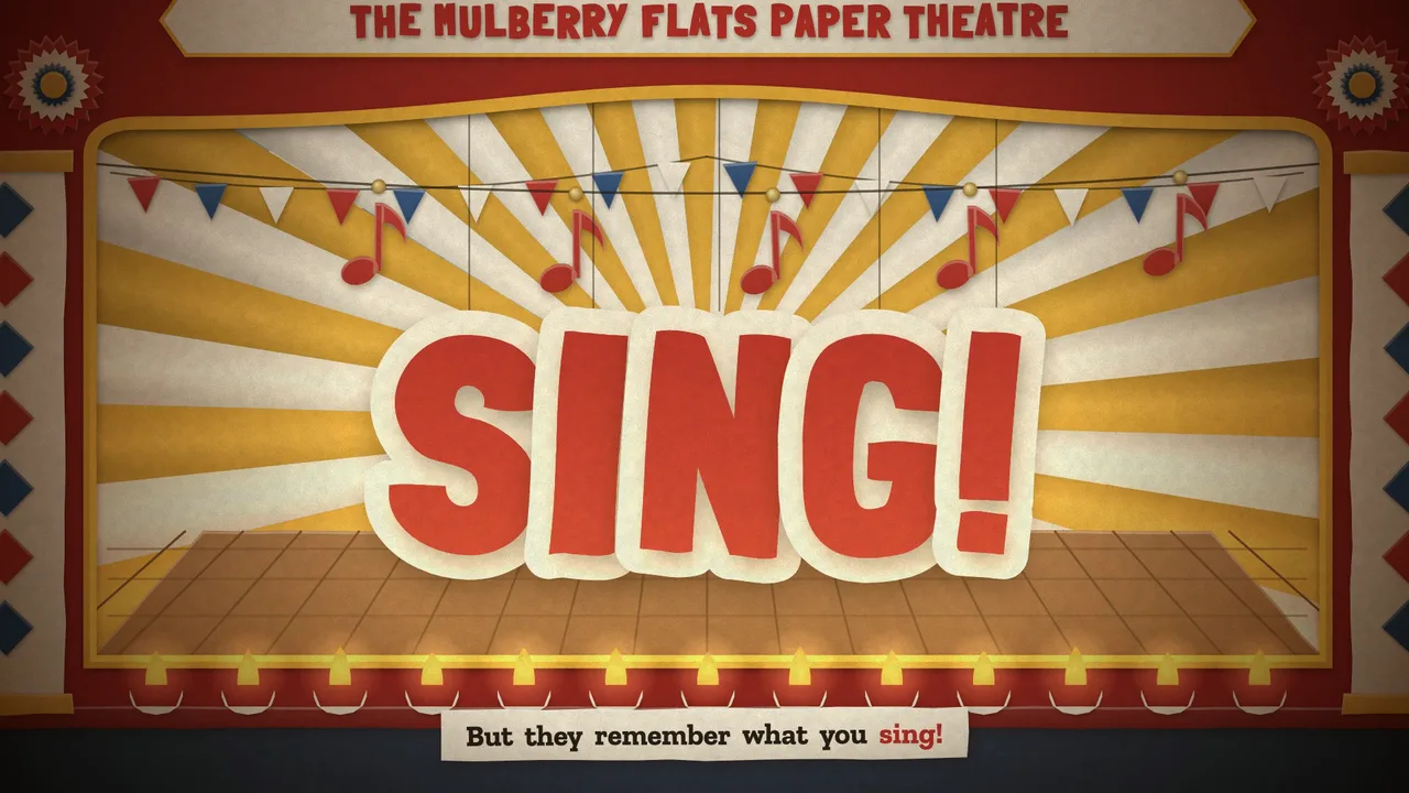 Paper letters SING! on a stage, rays behind them