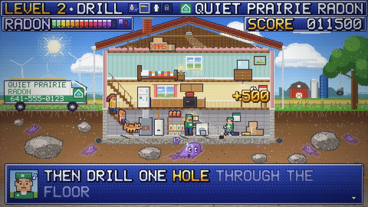 A farmhouse as a game level, the crew drilling a hole