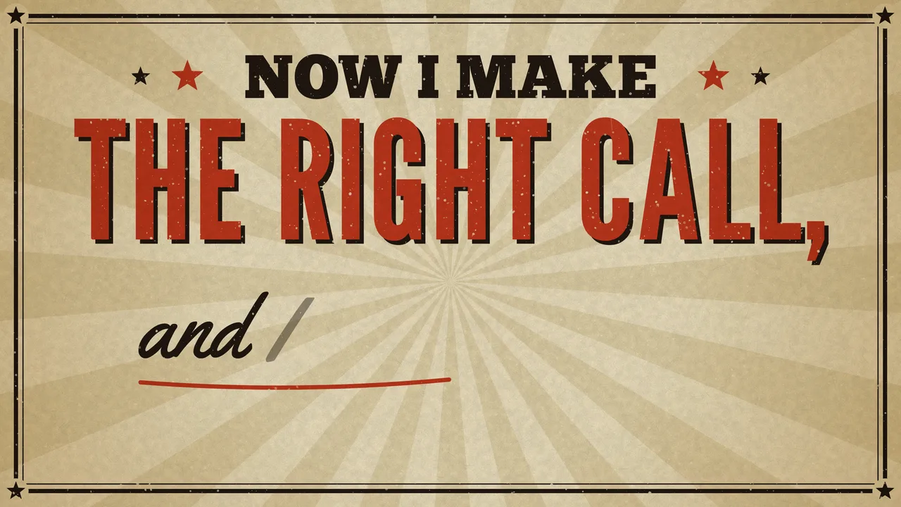 A cream poster: NOW I MAKE THE RIGHT CALL in red wood type