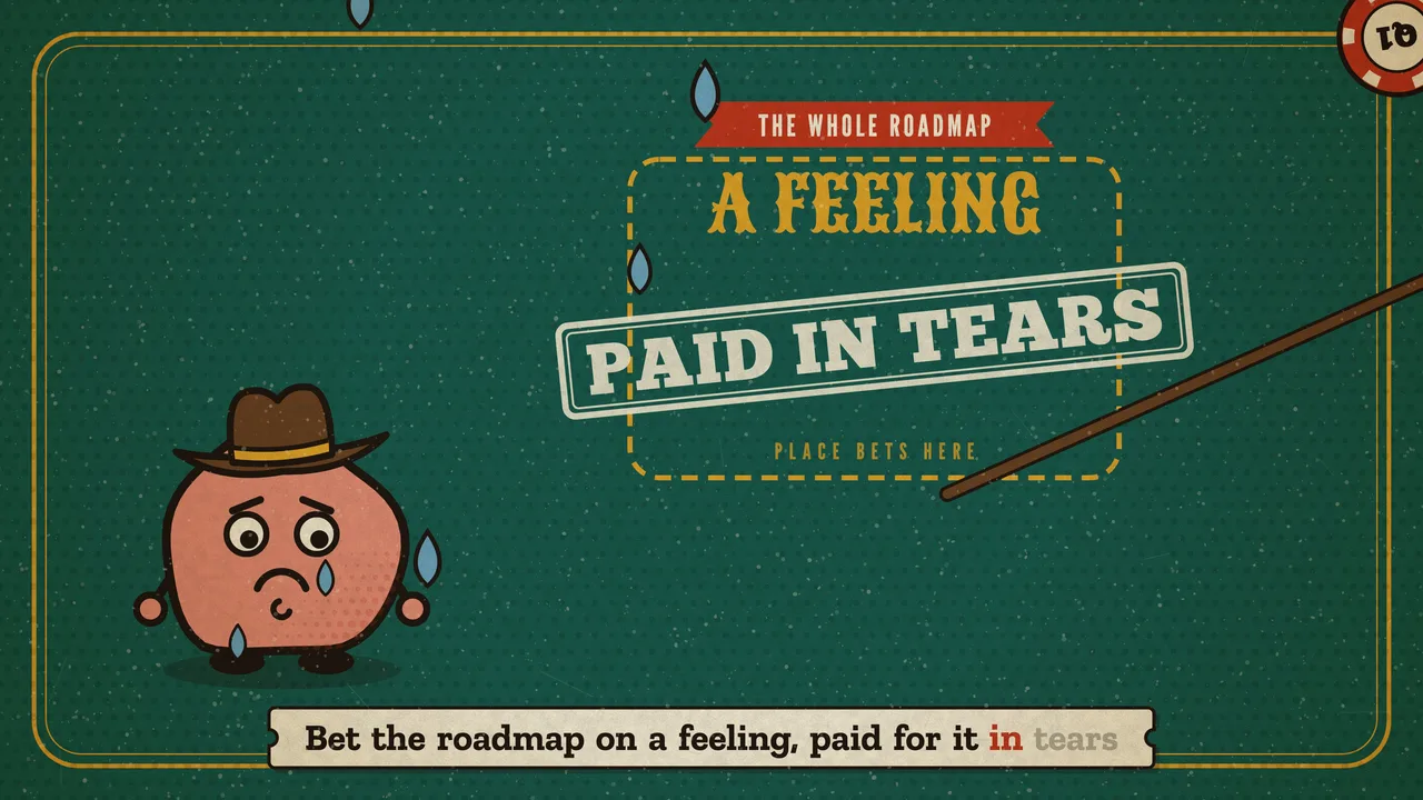 A worried round mascot in a cowboy hat beside A FEELING PAID IN TEARS