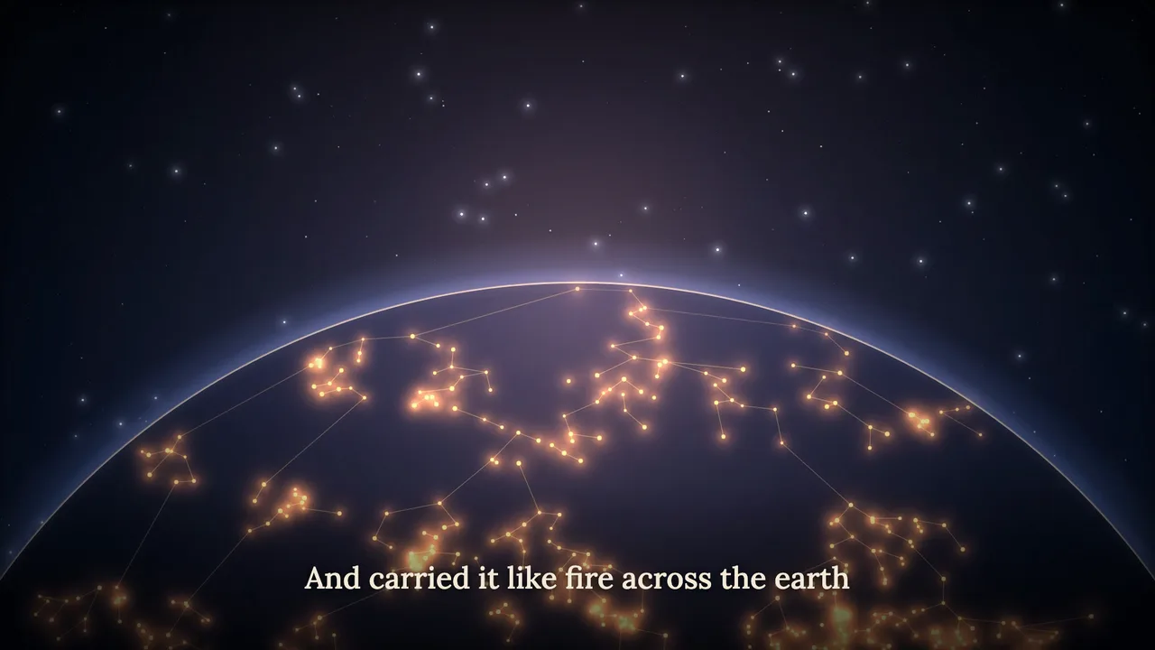 Lights spreading like fire across the curve of the earth