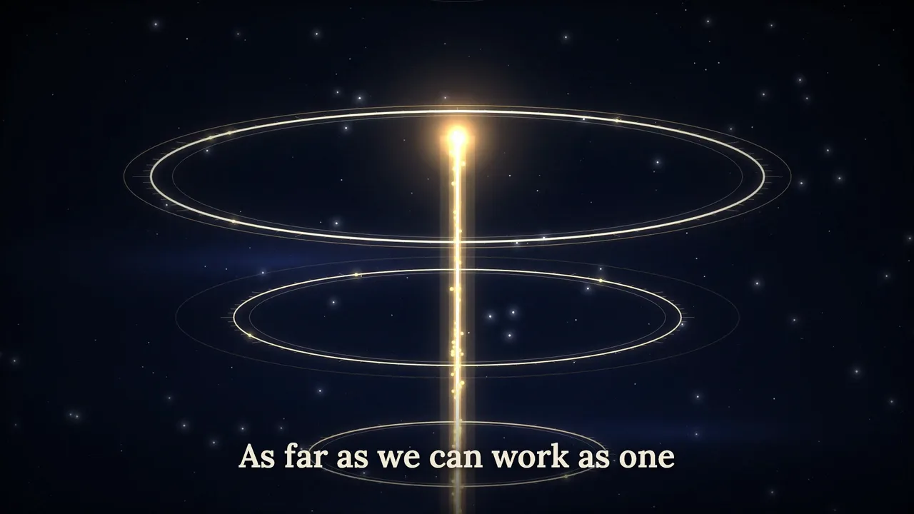 Rings of light round a rising beam, over the words As far as we can work as one