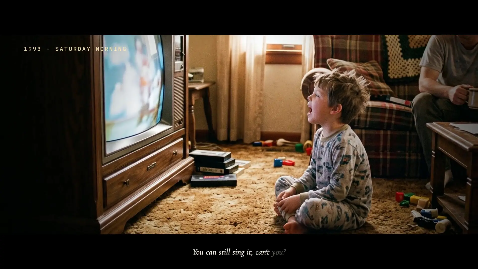 A boy in pyjamas sings along to a TV jingle in a 1993 living room, the date stamped in the corner